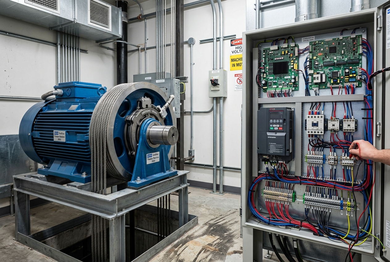 Modern gearless elevator machine and high tech control board